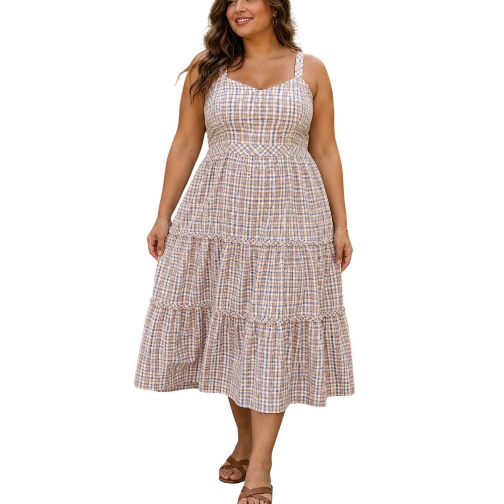Madewell Womens Smocked Bodice Gingham Midi Dress Sz 14 Tiered Cottagecore